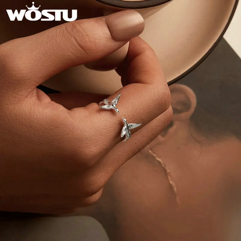 WOSTU Real 925 Sterling Silver Double Kingfisher Opening Ring For Women Cute Bird Stackable Rings Jewelry Gift Party Accessories