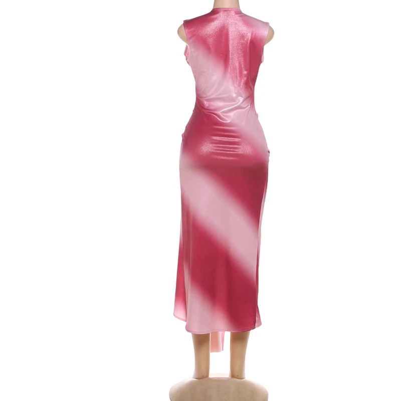 Vestido de fiesta con estampado Tie Dye para mujer, elegante, verano 2021, sin mangas, con cuello en V, ceñido, drapeado, abertura alta, Sexy, para discoteca, Vestidos largos