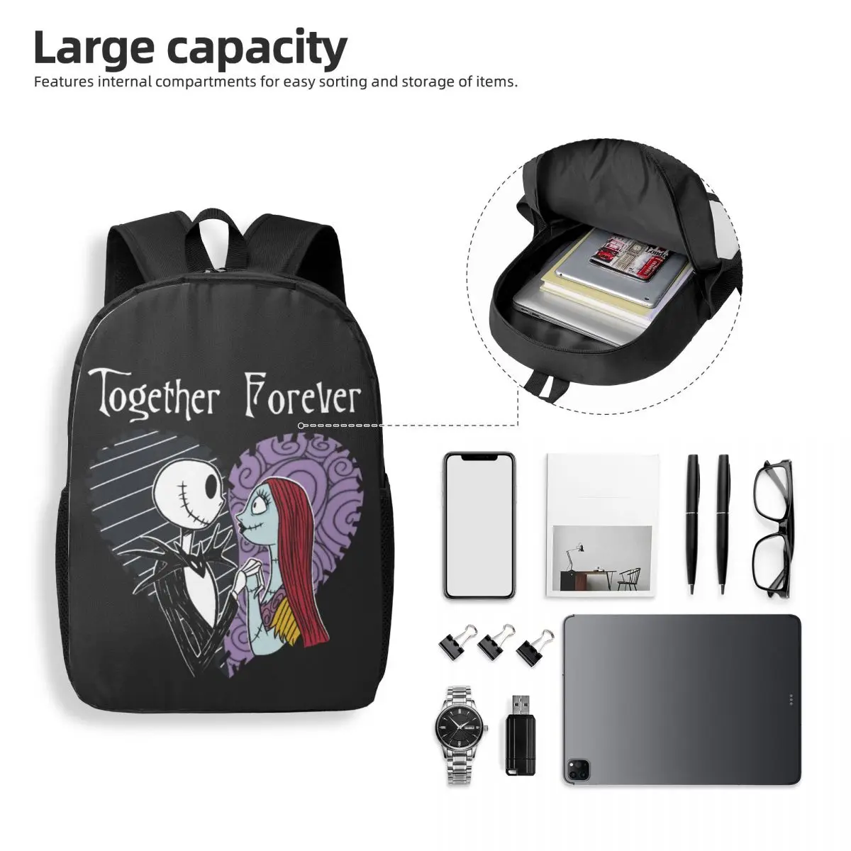 Custom Jack Skellington Together Forever Laptop Backpack Women Men Fashion Bookbag for School College Students Bag