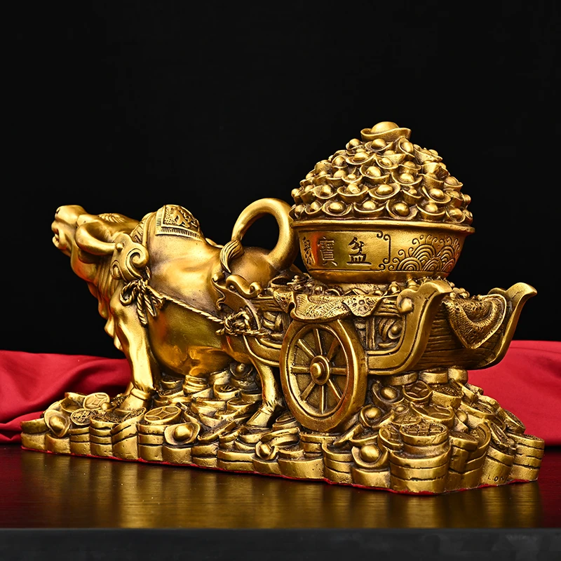 Antique Brass Golden Bull & Treasure Bowl Statue - Fortune-Bringing Gold Ingots Ornament, Desktop Feng Shui Decor