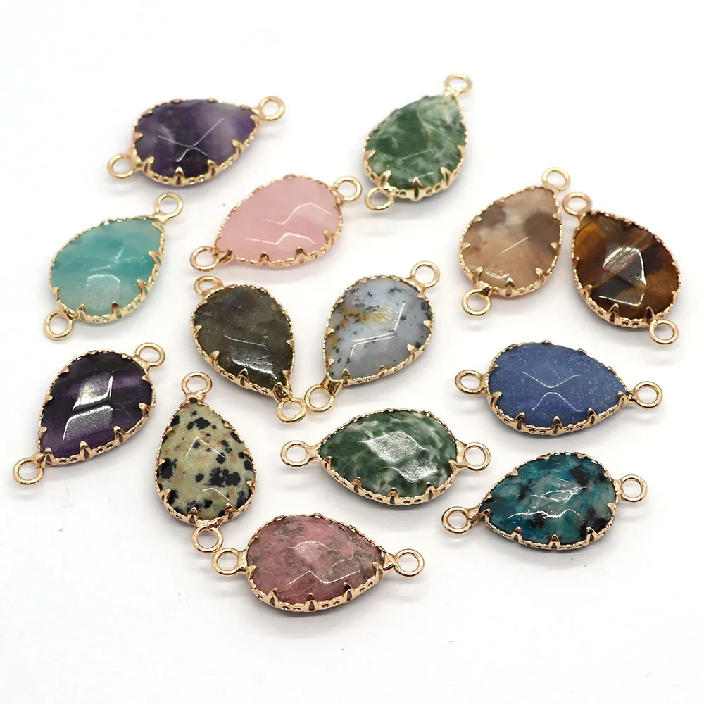 Natural Stone Drop Shape Crystal Pendant 14x27mm Double Hole Connector Charm Agate Color Jewelry DIY Necklace Earrings Accessory