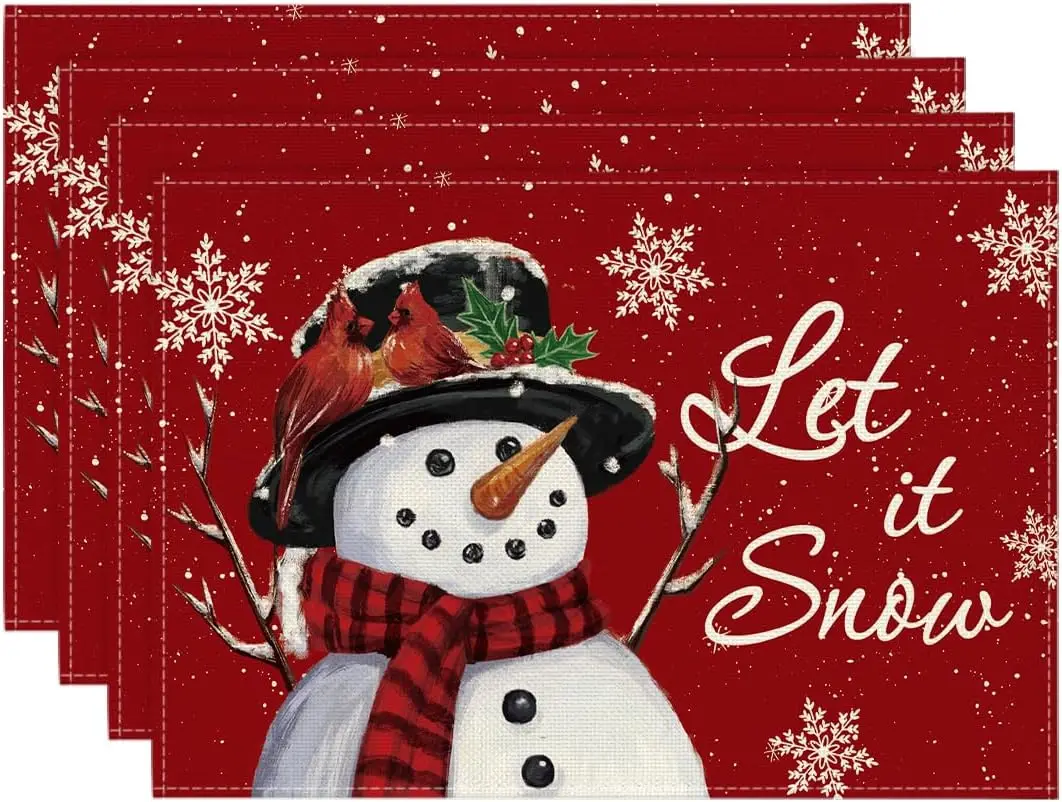

Красный снеговик Let It Snow Зимние салфетки 4 шт. 12x18 дюймов Рождественские праздничные коврики для стола для вечеринки, кухни, обеденного украшения
