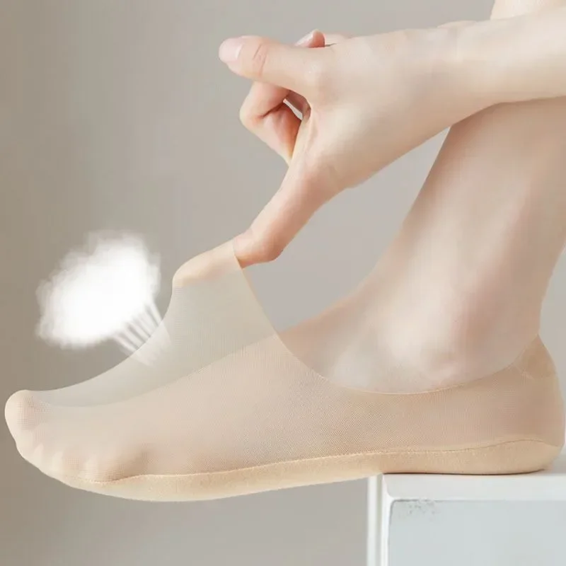 Summer Invisible No Show Socks Women Hollow Out Mesh Breathable Ice Silk Sock Slippers Silicone Anti-slip Low Cut Boat Socks Sox