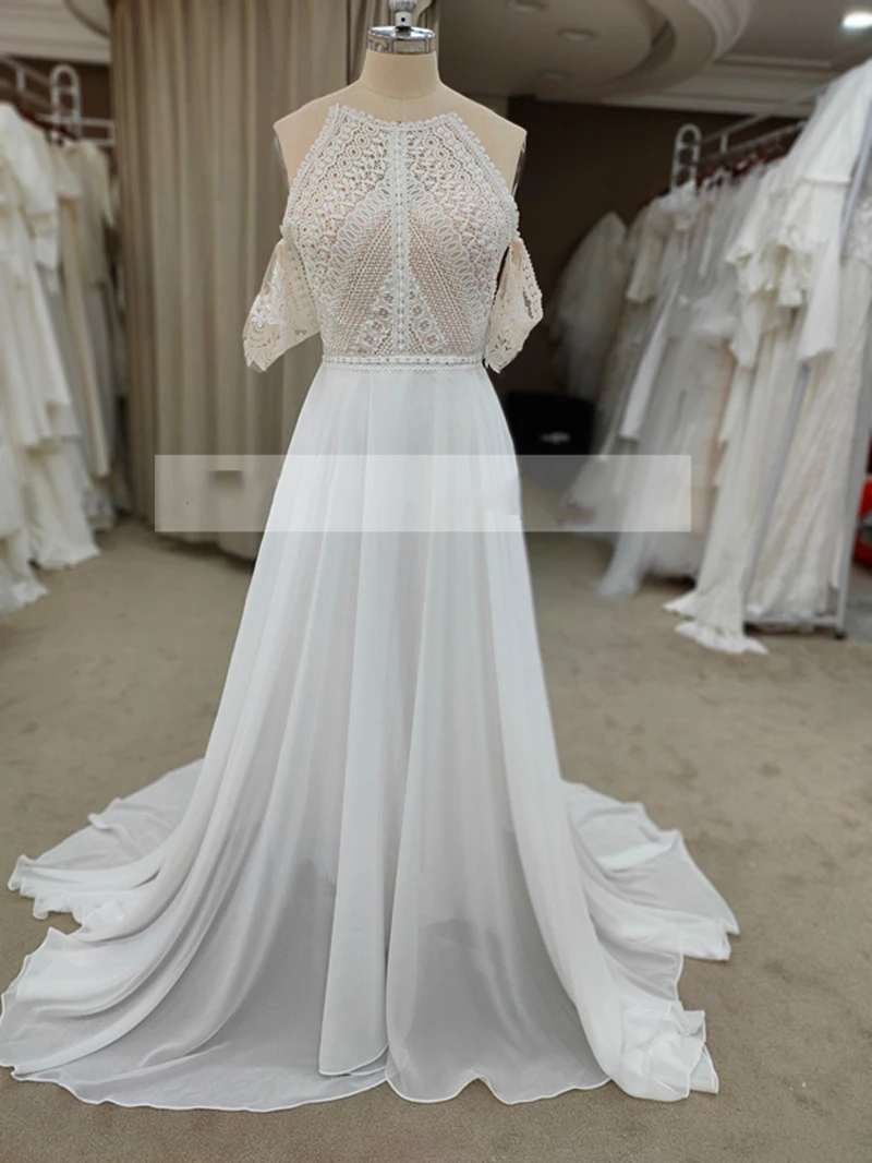 Elegante Echte Foto 'S 2024 Nieuwe Design Afneembare Korte Mouw Hoge Hals A-Lijn Chiffon Zomer Trouwjurk Vestidos De Novia