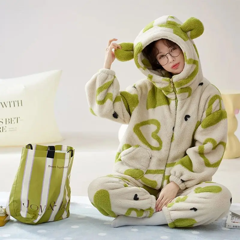 

Autumn Winter Kawaii Girl Pajamas Sweet Pj Set Flannel Nightwear Coral Fleece Keep Warm Homewear New Thicken Woman Sleepwear