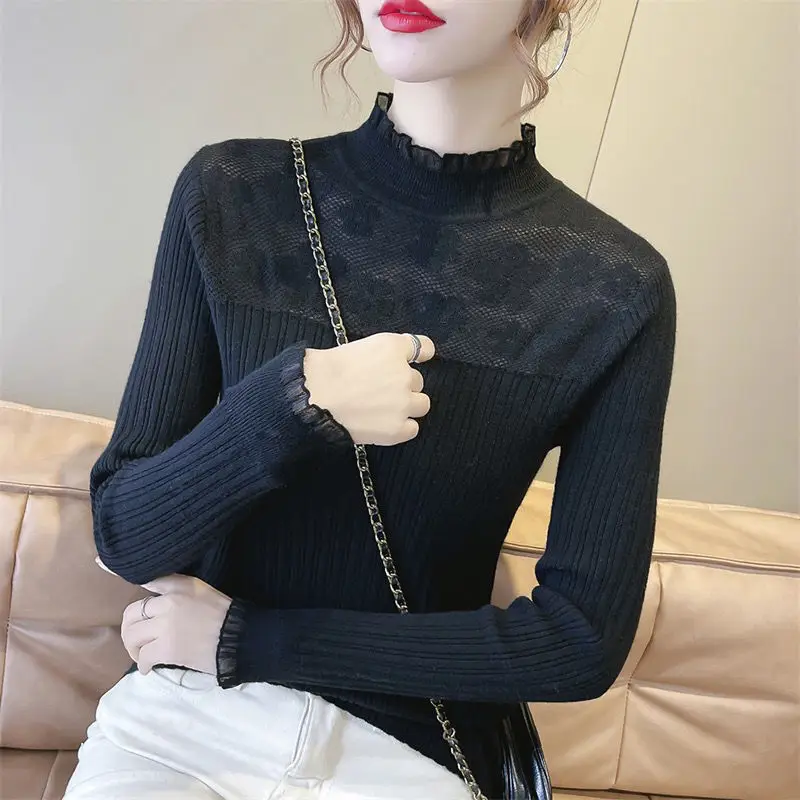 Elegant Slim Lace Spliced Solid Knitted T-shirt Autumn Winter Women\'s Clothing Long Sleeve Half High Collar Fashion Sweaters