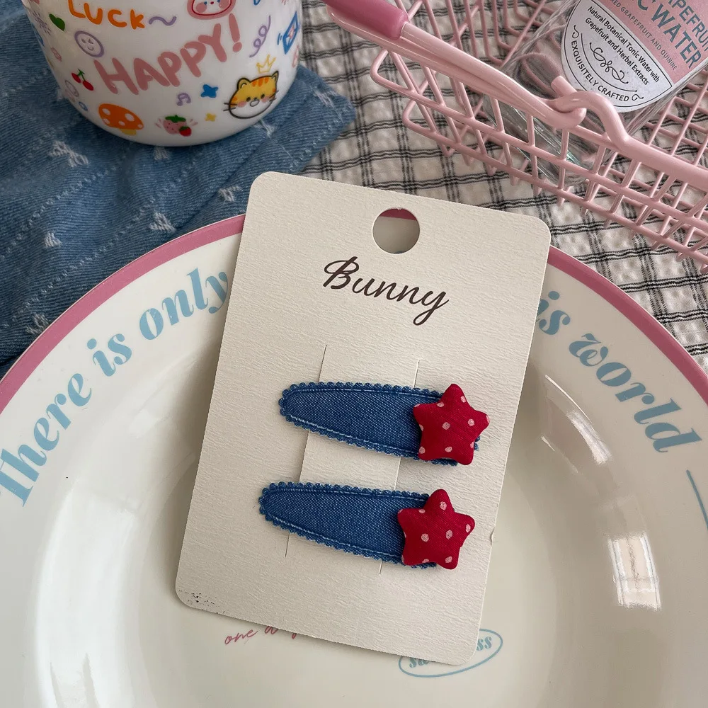 

Edgy Cute Hair Clips 2PCS Korean Denim Red Blue Color Star Polka Dots Side Snap Clips for Girls Non-Damage