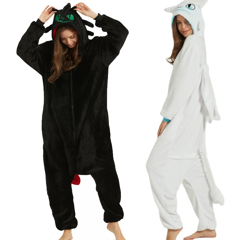 

White / Black Dragon Onesie Jumpsuits Adult Unisex Flannel Pajama Cute Halloween Cosplay Costume One-piece Sleepwear Homewear