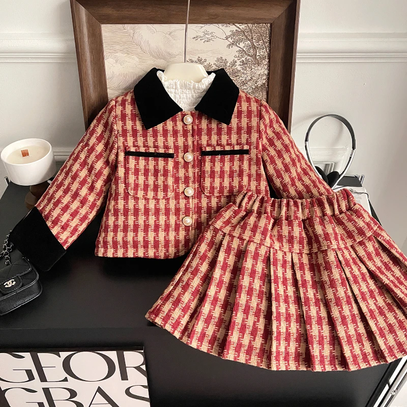 Girls' Winter Set New Korean Version of Girls' Red Plaid Small Fragrant Cotton Jacket + Cotton Skirt Two-piece Set  Kids Clothes