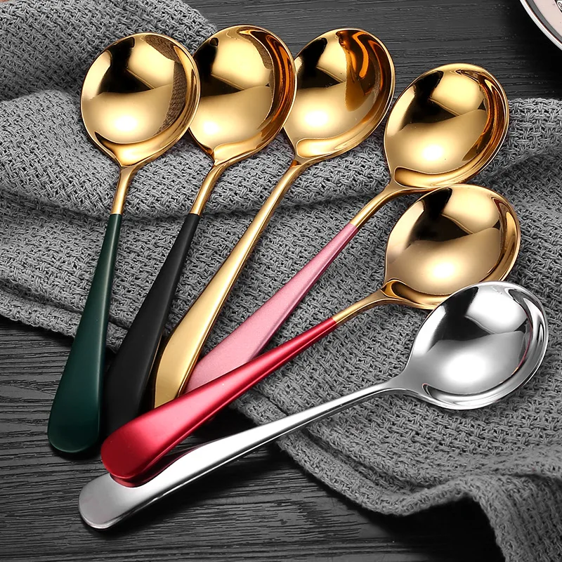 Soup Spoons Stainless Steel Round  With Long Handle Dessert  Shiny Modern   Table  Set Dishwasher Safe