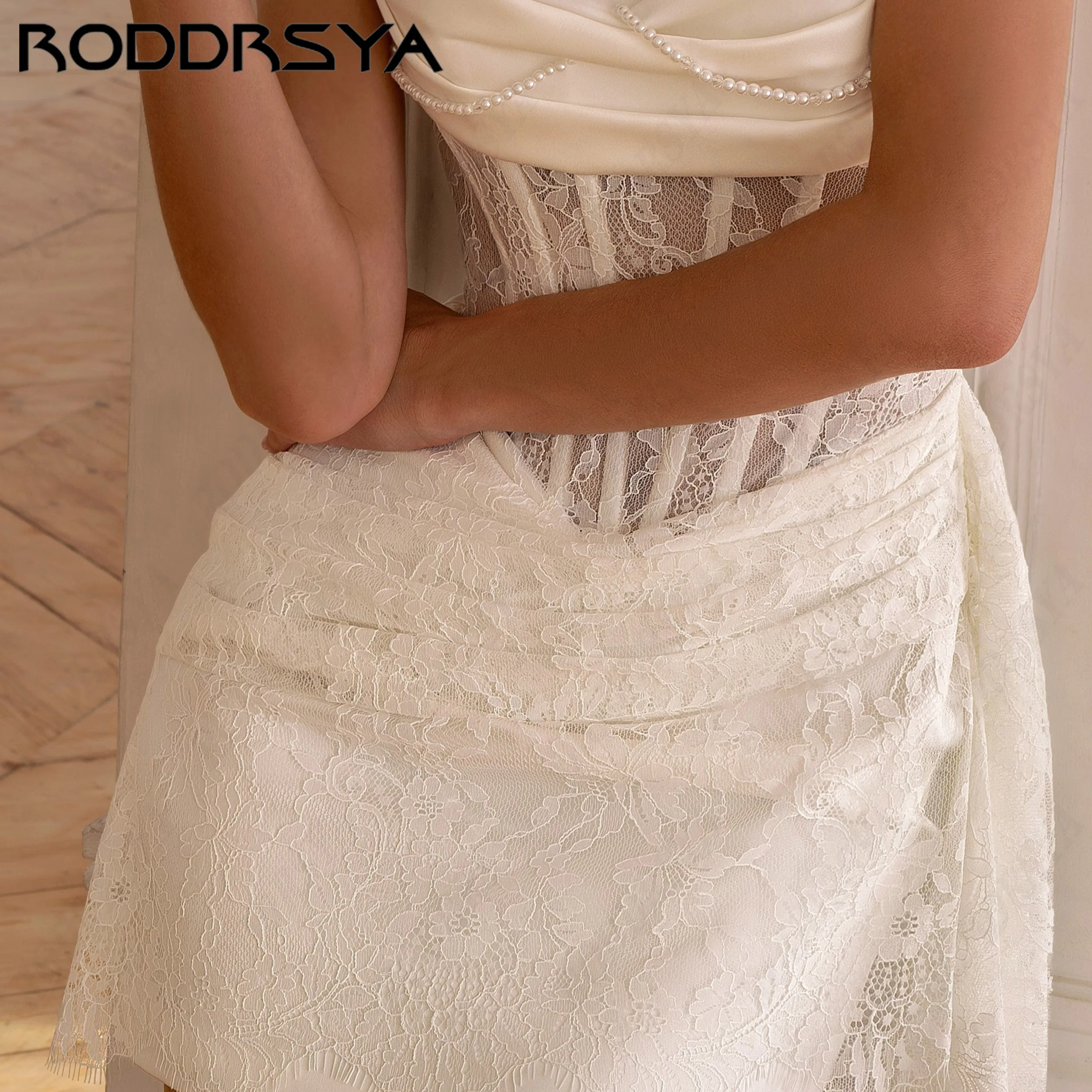 RODDRSYA Strapless Sheath Mini Satin Wedding Dress For Women Sexy Floral Lace Corset Backless vestidos de novia Customized