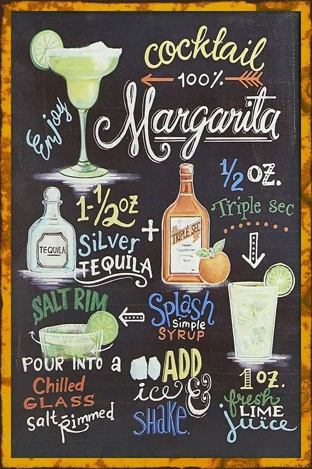 Neues Metallposter Margarita Cocktail Rezept Vintage Metallblechschild Retro Art Home Bar Pub Garage Shop Wanddekoration Classic Met