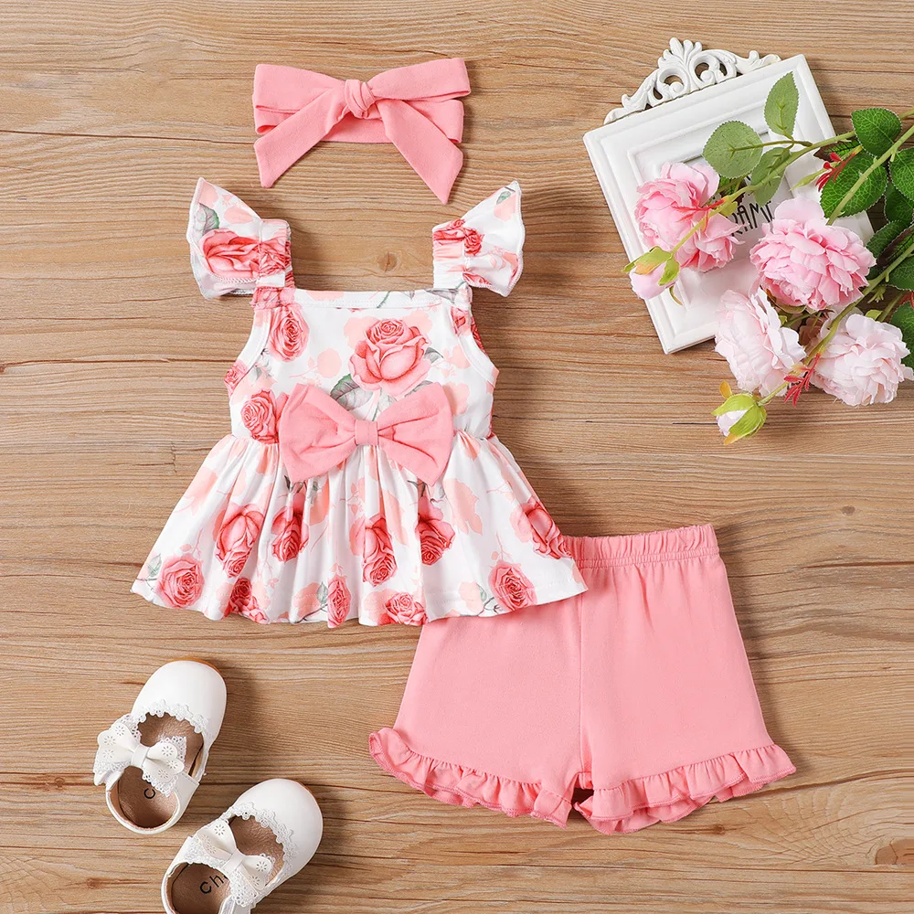 Baby Girl Summer Square Neck Flying Sleeve Bow Short Sleeve Top+Lace Shorts Sweet Set