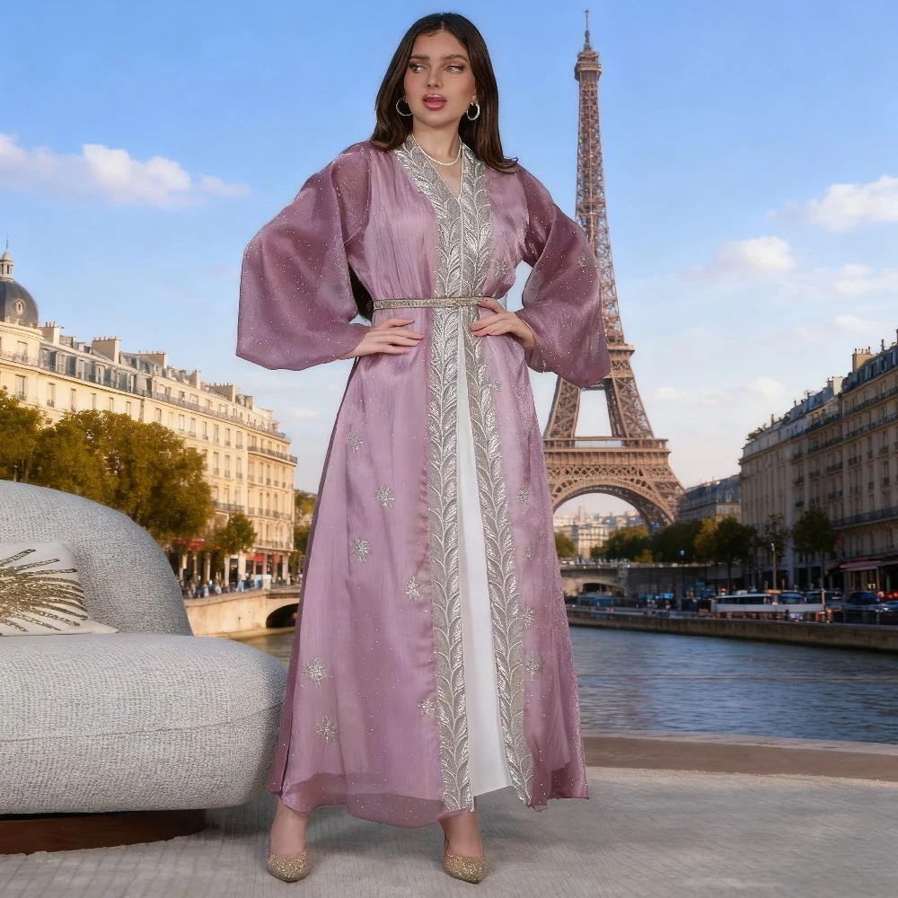 

Мусульманские комплекты, женский костюм из трех предметов, вечерние платья, длинный халат с бриллиантами и поясом, Vestidos Jalabiya, Марокко, Дубай, Абая, кафтан, ансамбль