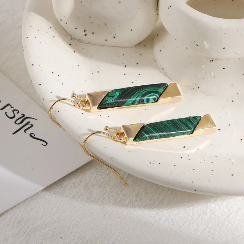 Gold Tone Plated Malachite Long Bar Dangle Earrings Natural Stone Rectangle Strip Drop Earrings for Women