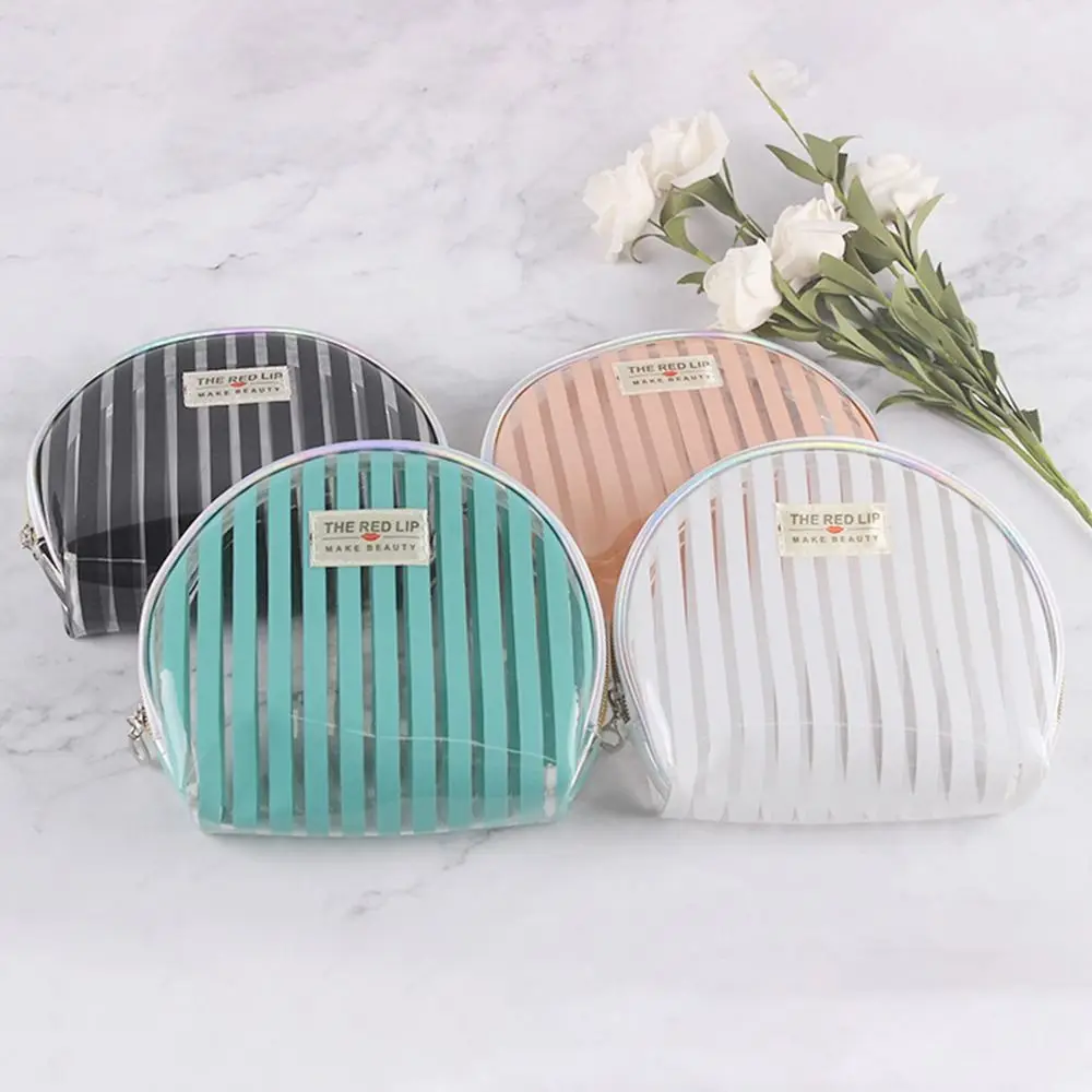 Multicolor Transparent Toiletries Bag Multipurpose Stripes Makeup Bag Large Capacity Half Circle Cosmetic Handbag