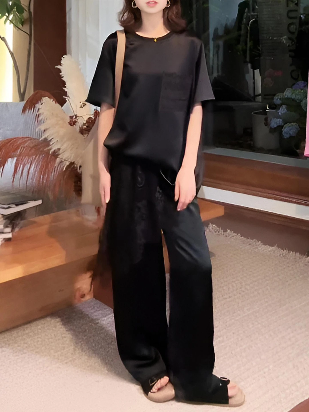 

Elegant Summer Women's Fashion Set Short Sleeve T-Shirt Lace High Waist Wide Leg Pants Two-Piece Suite Comfortable Casual Wear