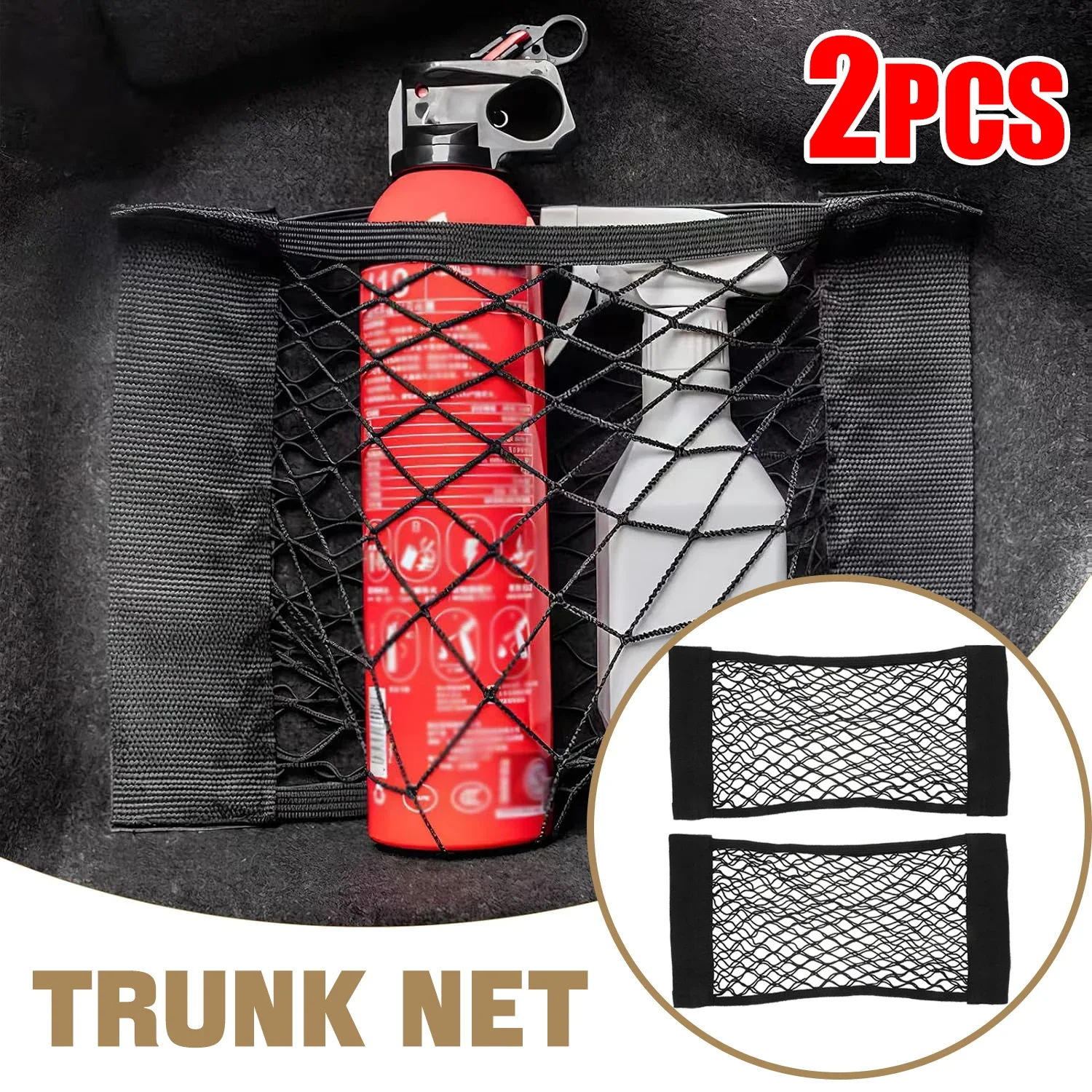 Lot de 2 filets de rangement élastiques pour le coffre de voiture – poche de rangement adhésive à bande magique, support de chargement en nylon flexible sans perçage, empêche le roulement des bouteilles et des outils, convient au coffre et au dossier de siège arrière, compatible avec la plupart des voitures, des VUS et des camions.