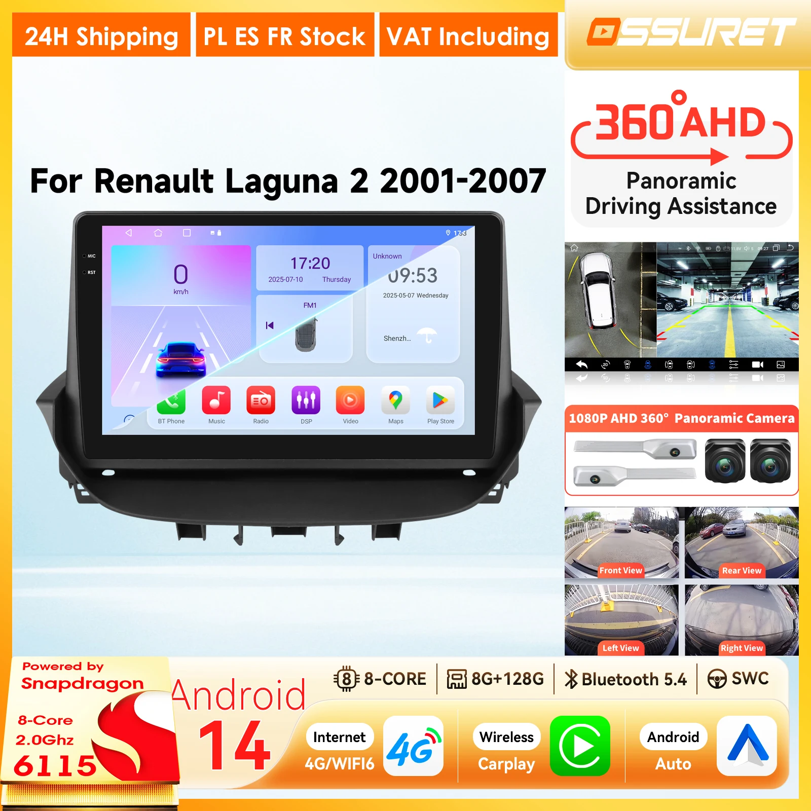 Autoradio per Renault Laguna 2 2001 - 2007 CarPlay Android Auto Sistemi Intelligenti Autoradio Lettore Multimediale GPS Telecamera 360 2DIN