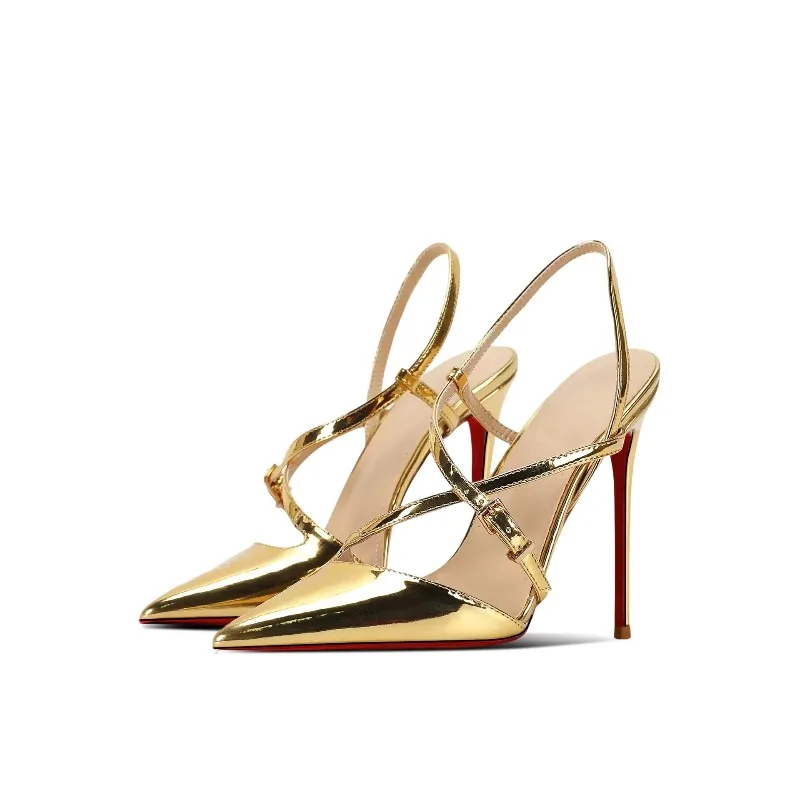 New Temperament Pointed Back Empty Lace up High-Heeled Shoes for Women, Golden and sexy One Button Oversized Sandals