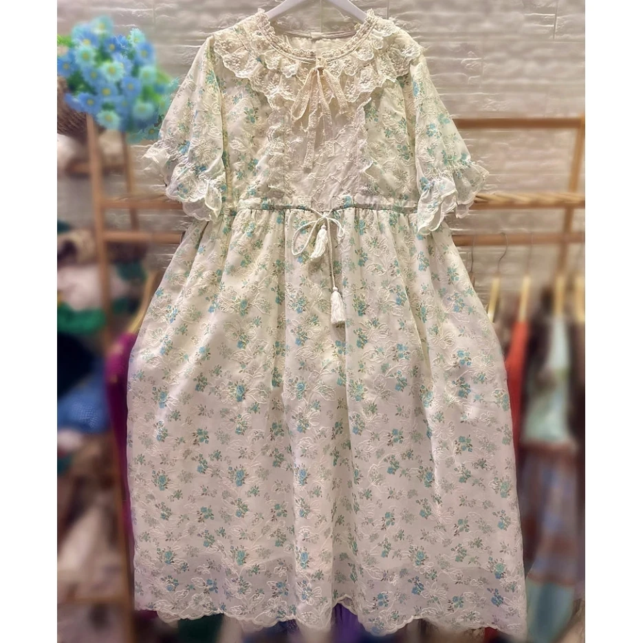 Female Summer Mori Girl Lace Floral Embroidery Tunic Midi Dress Shabby Chic Rococo Victorian Cottage Core Aesthetic Long Dress