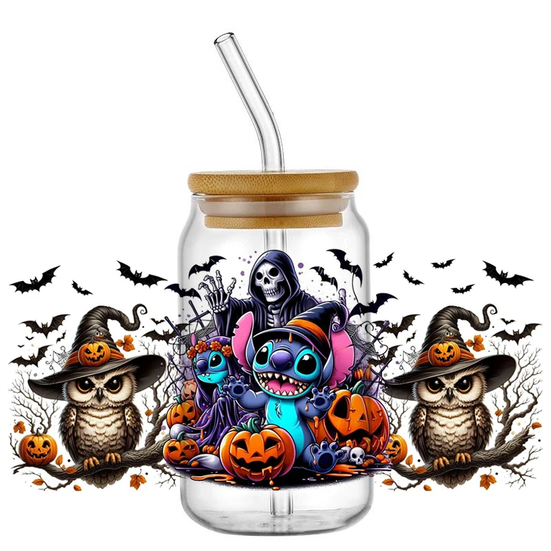 Miniso New 24 Mixed Halloween Stitch Design Popular Cartoon UV DTF Cup Mug Wraps Sticker DIY 3D Deca For 16oz Libbey Glass