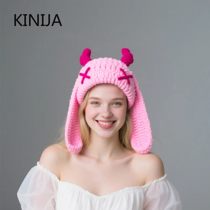 Long Ears Warm Helmet Cover Cap Y2K Knitted Beanies Cap for Women Winter Versatile Funny Pullover Hat Men Cold Hat Punk Gothic