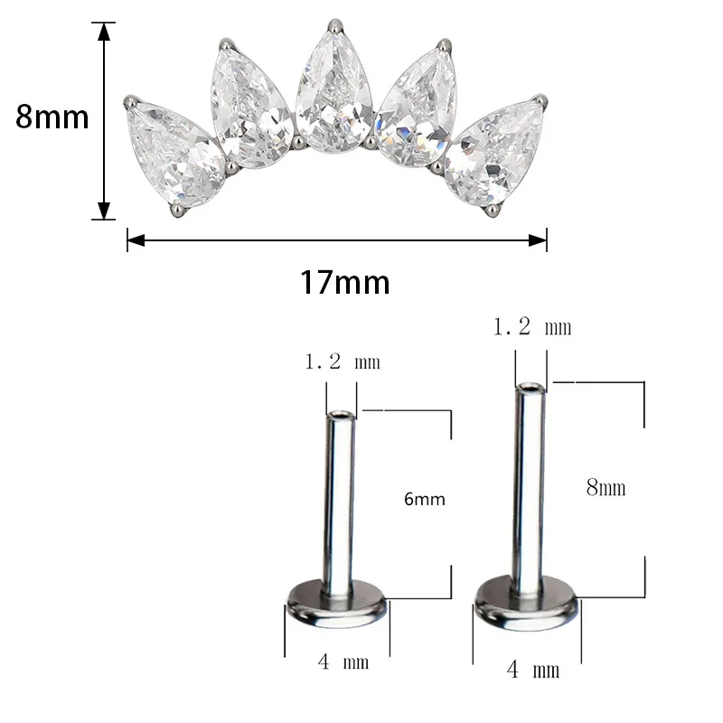 ASTM F136 Titanium PIERC 5 Pear CZ Cluster Threaded Top Ear Cartilage Earring Tragus Helix Lip Ring Stud Unisex Piercing Jewelry