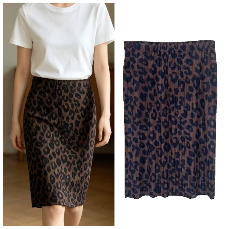 Miyake Pleated Leopard Print Skirt 2026 Summer New Vintage High Waist Loose Straight Length Jupe Slim Draped Print Design Skirt