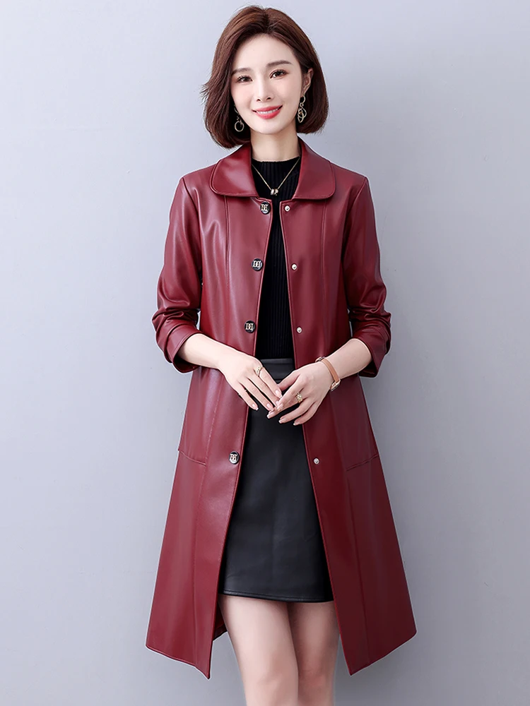 秋冬レディーススリムフィットロングシープスキンレザージャケットミッドレングスコートスリーカジュアルアウターウェア通気性ファッショナブル