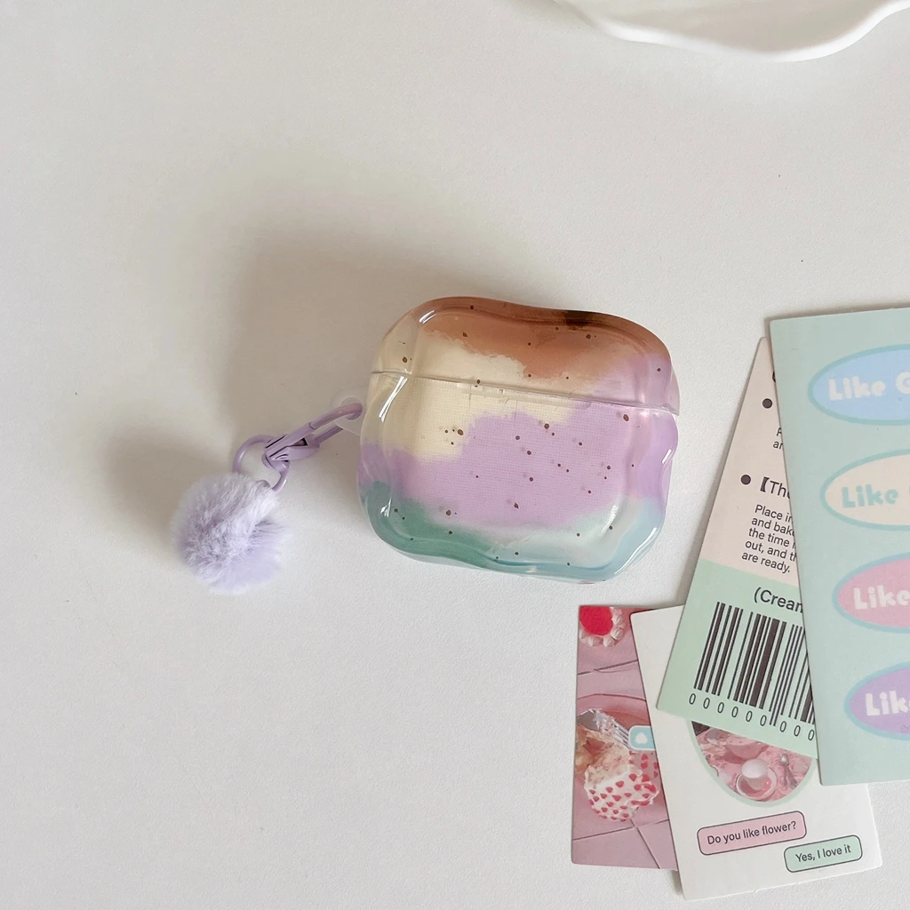 Simple Macaron Colourful Gradient Splash-ink Plush Ball Pendant Earphone Cover Case for AirPods 1 or 2 3 4 5 Pro 2 Pro 3
