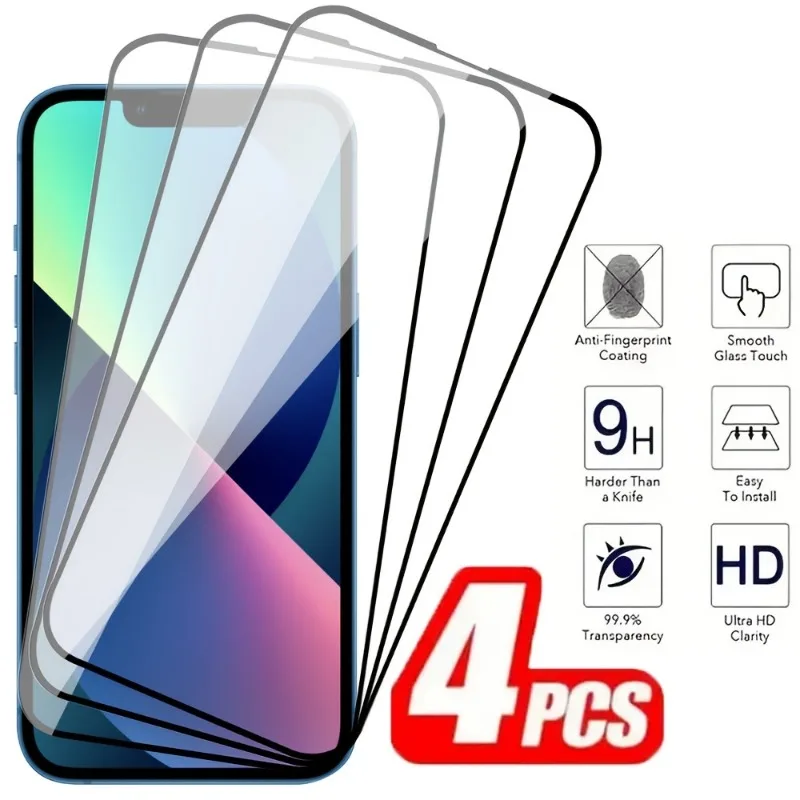

4 Pack Tempered Glass Screen Protector iPhone 16 15 14 Pro Max 11 12 13 Mini Pro Black Edge Bubble Free Easy Install Glass