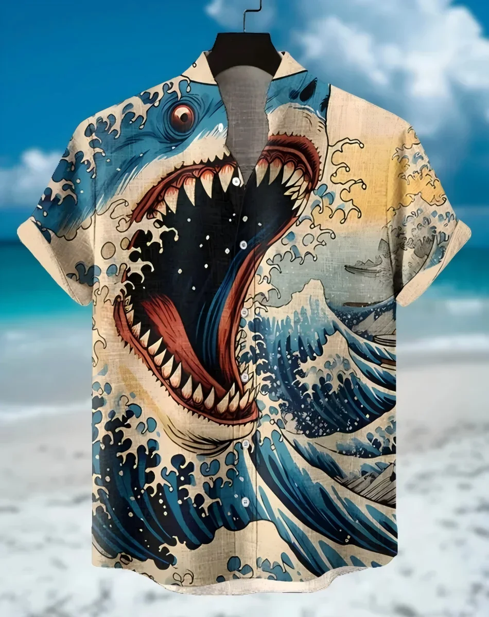 

Shark pattern, high-quality comfortable linen men's short sleeved shirt, fashionable trend, digital printing, street outdoor