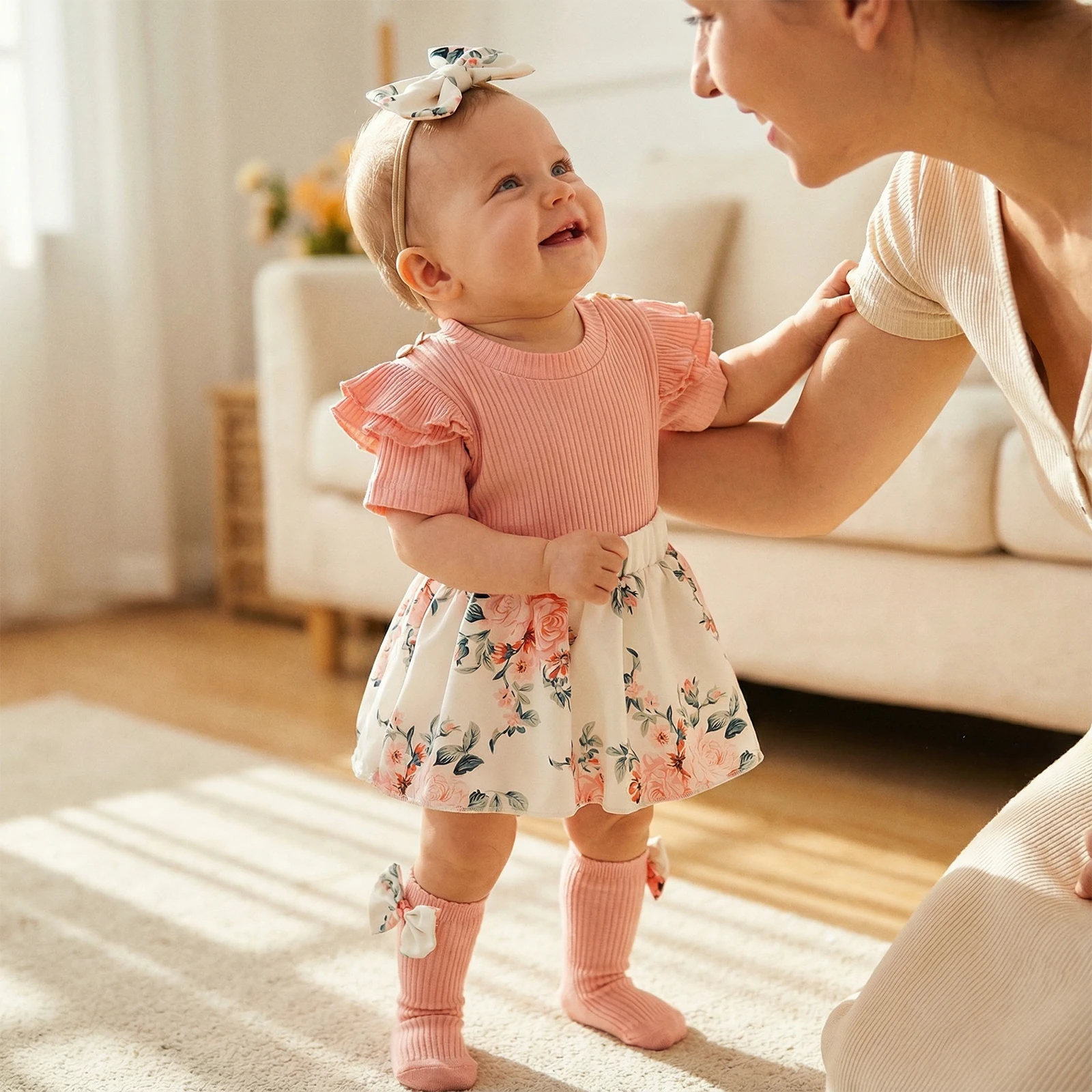 Baby Girl Summer Outfits Faux Two-piece Design Daisy Print Plaid Short Sleeve Romper Dress Bow Headband Stockings Set