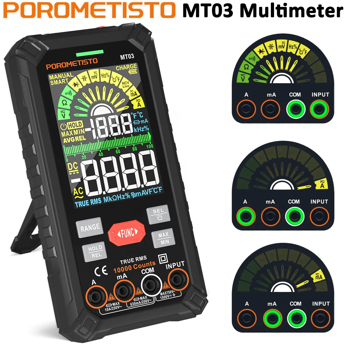 POROMETISTO MT03 multimetr cyfrowy 10000 zliczeń inteligentny multimetr akumulatorowy True RMS 1000V 10A Ohm Hz pojemność NCV Tester