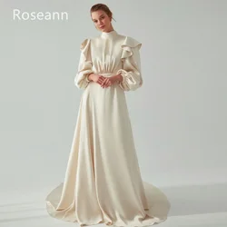 Dostosowane muzułmańskie suknie ślubne w stylu retro z wysokim kołnierzem wzburzyć satynowe drapowane plisowane wstążki pełne suknie panny młodej robe de mariée