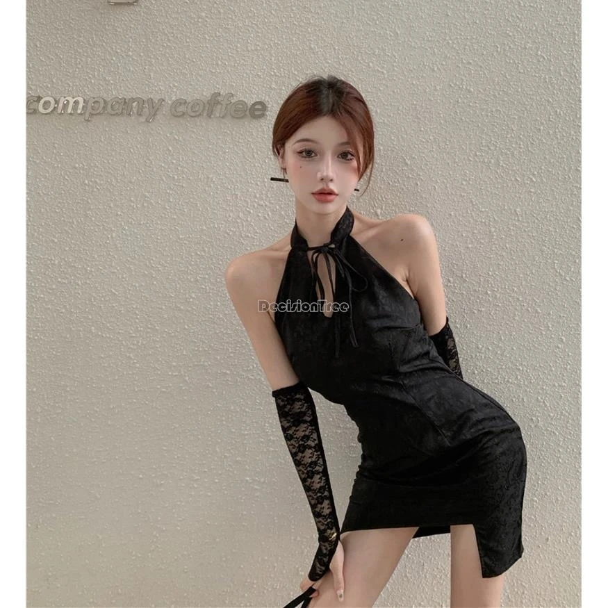 2025 chinese female vintage slimming elegant black cheongsam qipao new lace sexy package hip sleeveless cheongsam dress w473