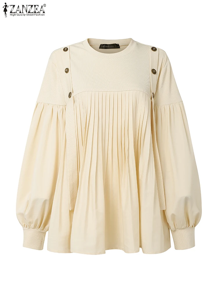 

ZANZEA 2021, стильная осенняя блузка, женские лоскутные топы, элегантная плиссированная рабочая рубашка с длинными рукавами-фонариками, мусульманский хиджаб, блузки Mujer