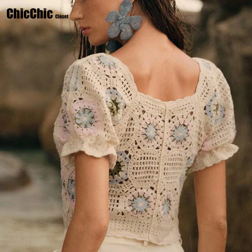 풀오버 버튼업 크로셰 탑 반팔 그랜니 스퀘어 오픈 니트 블라우스 크롭 가디건 여성용 틴걸 페어리코어 의상
