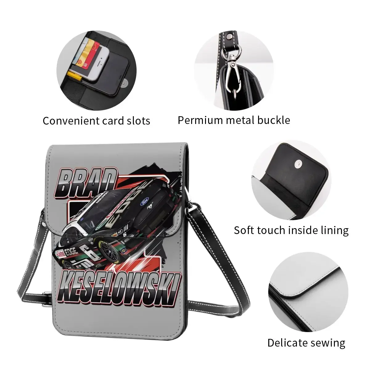 Brad Keselowski 6 Cartera cruzada Bolso para teléfono celular Bolso de hombro Monedero para teléfono celular Correa ajustable