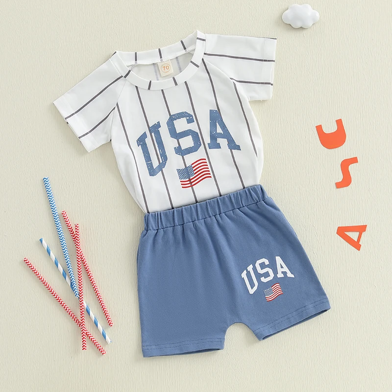 طقم ملابس للأولاد بعلم أمريكي لعيد الاستقلال بأكمام قصيرة وقمصان علوية وسروال قصير مكون من قطعتين ملابس صيفية