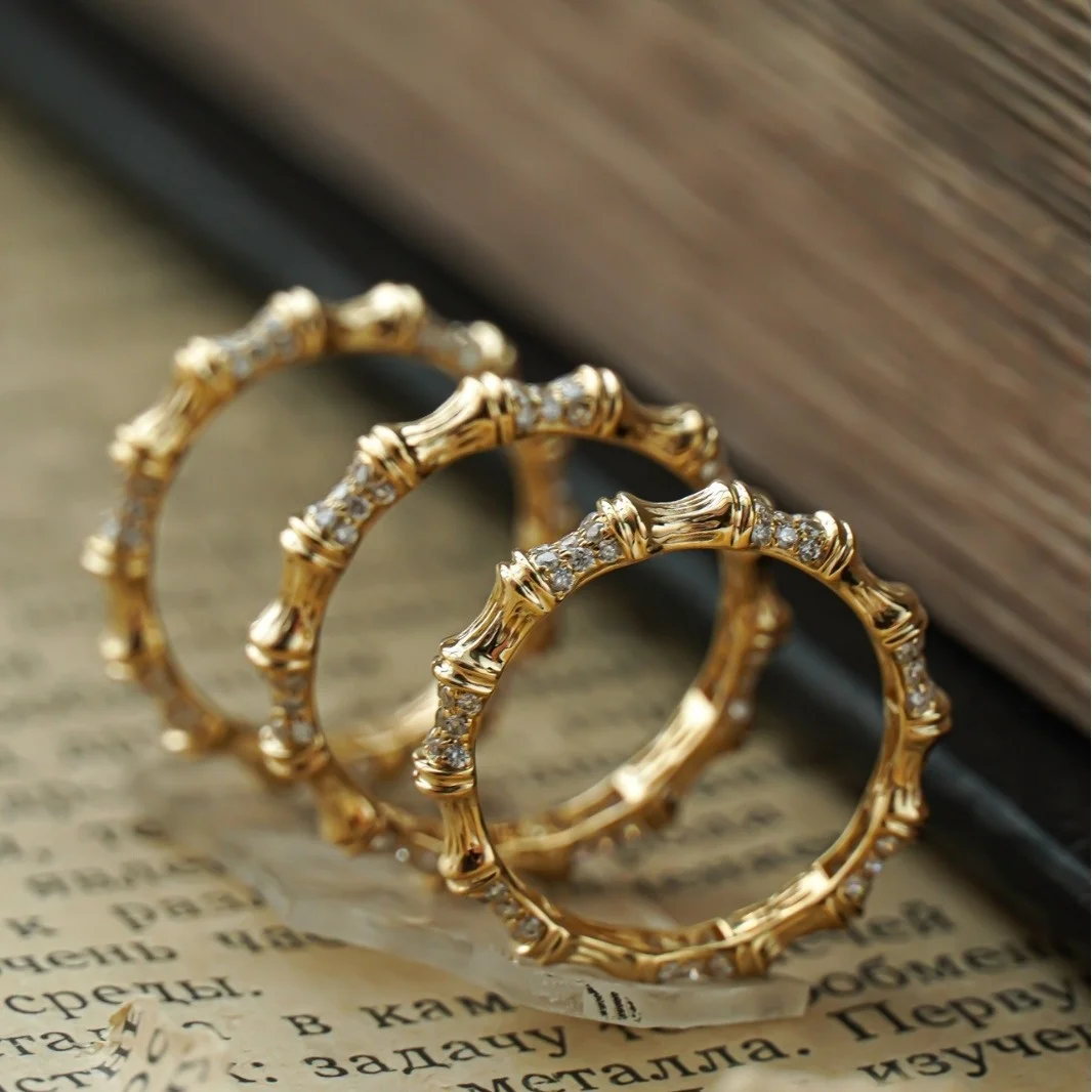 

Fashion Trendy 925 Silver Lab-grown Diamond Bamboo Ring Two-tones Gold Moissanite Bamboo Finger Band Niche Bridal Fine Jewelry