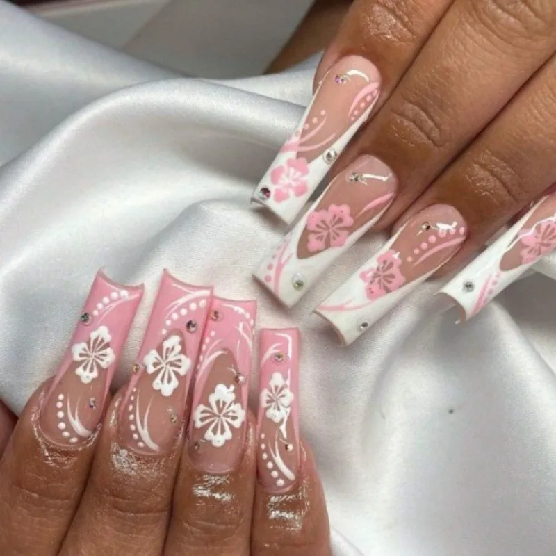 24Pcs Pink & White Long Coffin Nail Tips Set Glossy Full Cover Fake Nail with Floral for Women&Girls Daily&Valentine's Day Wear