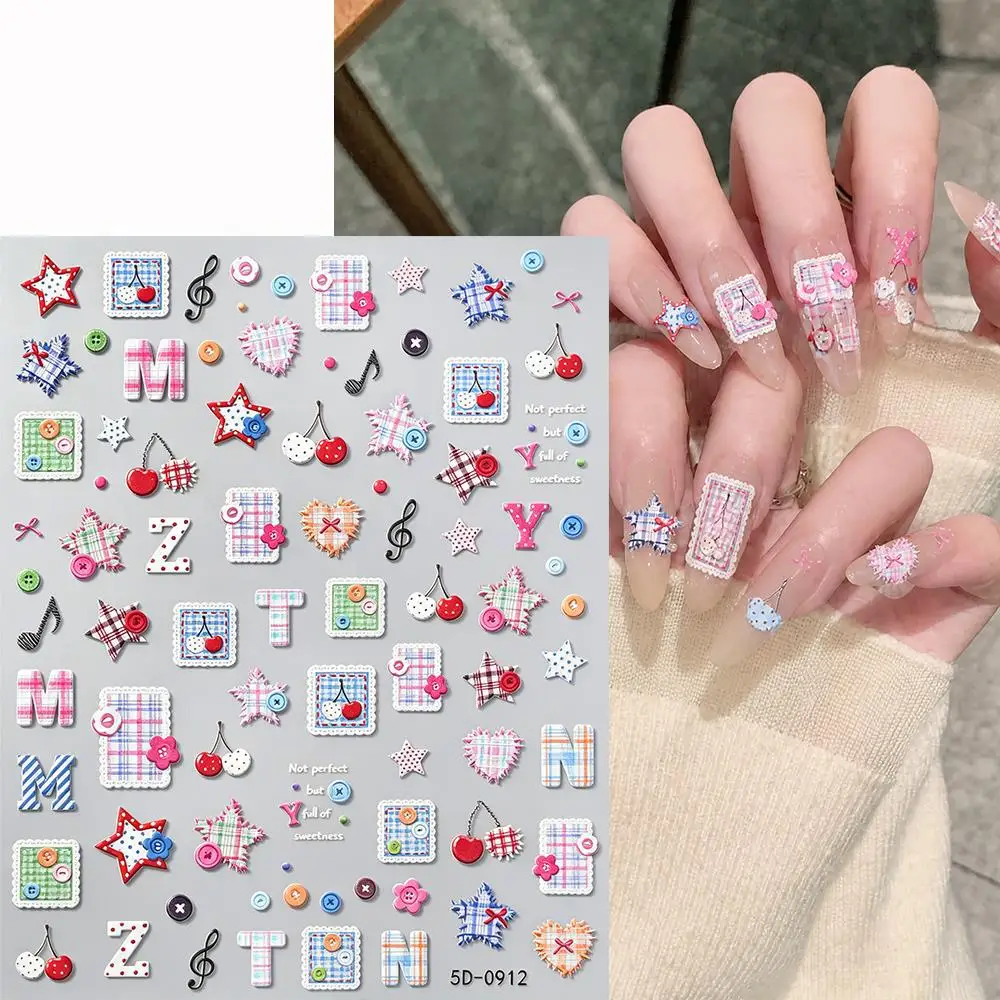 1Pcs Y2K Plaid Star Heart Cherry Letter Nail Stickers Music Symbol Bow Button Self Adhesive Nail Decal Sweet Girl Manicure Decor