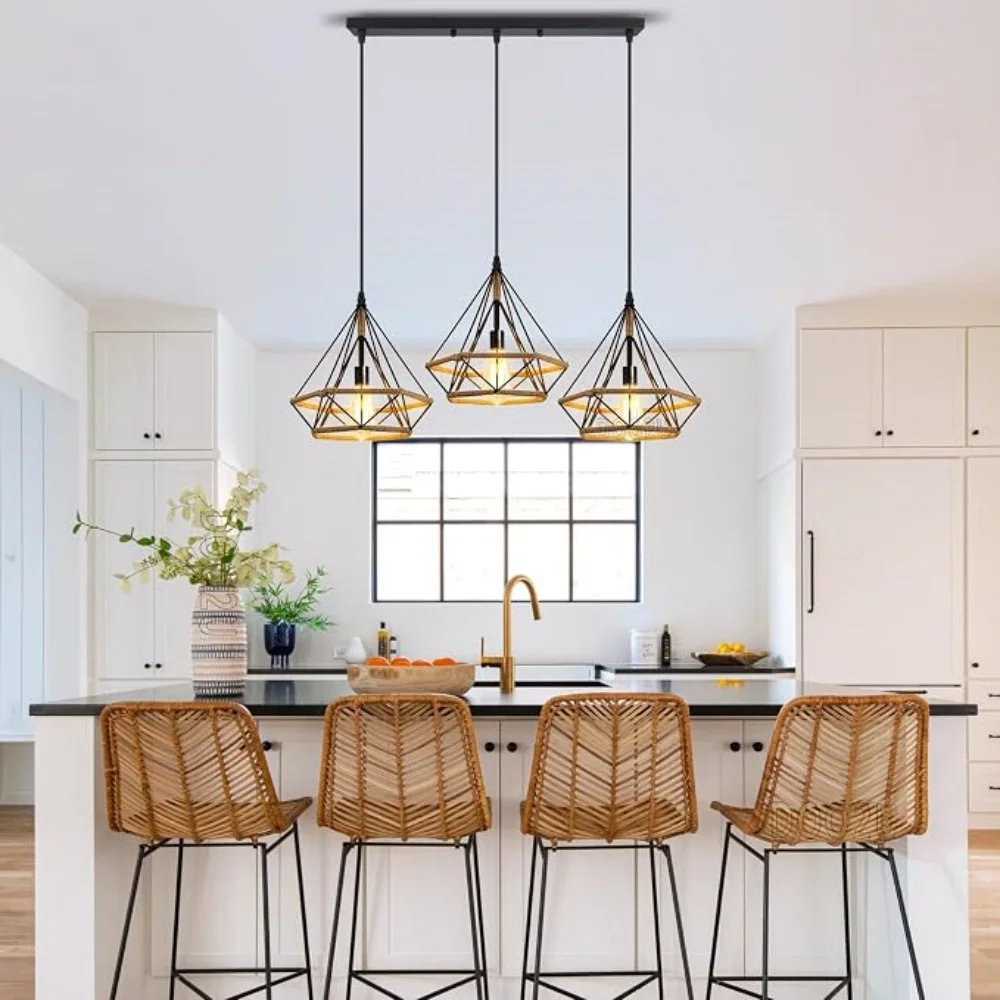 3-Bulb Pendant Light Industrial Pendant Lamp Black Metal Pendant Lamp With Hemp Rope Pendant Light  Living Room Café Restaurant