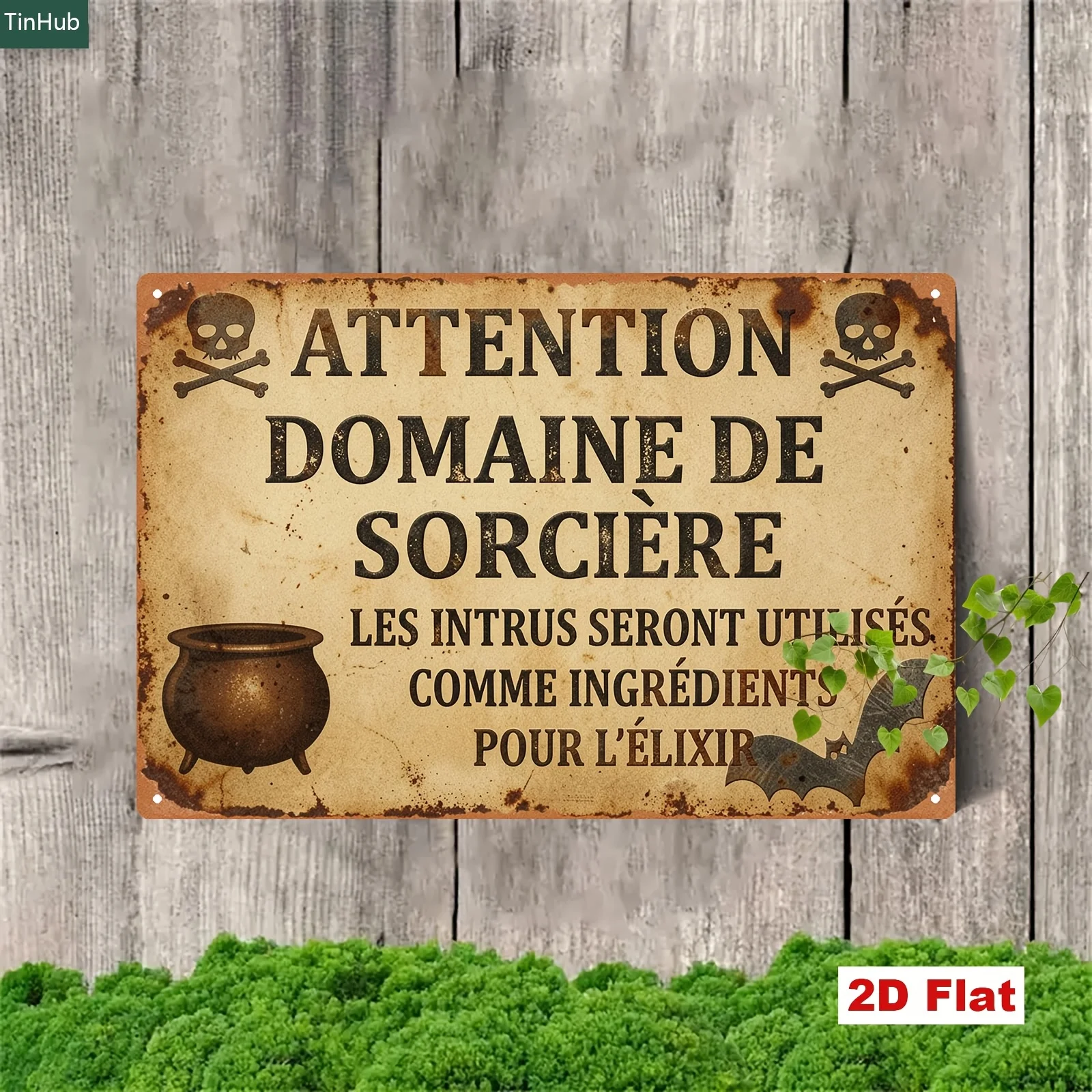 2D Flat, 2D Flat 1pc Vintage Witch's Realm Metal Sign, 20x30cm Iron Sign with French Warning in Skull, Cauldron, and Bat Pattern