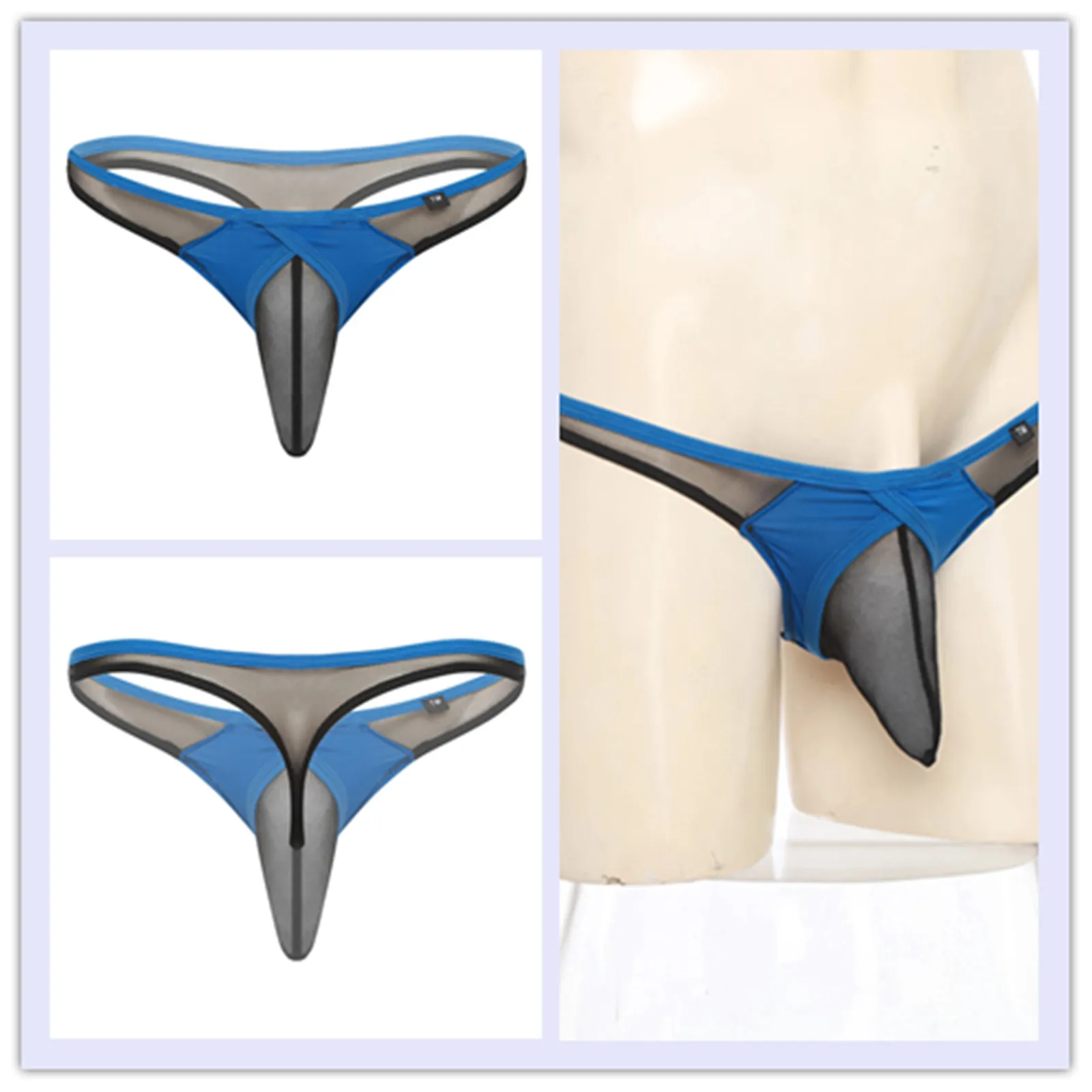 

Mens Lingerie Sissy Bikini Underwear Low Rise Thong Sheer Mesh Sheath Contrast Color T-back Briefs G-string Jockstrap Nightwear