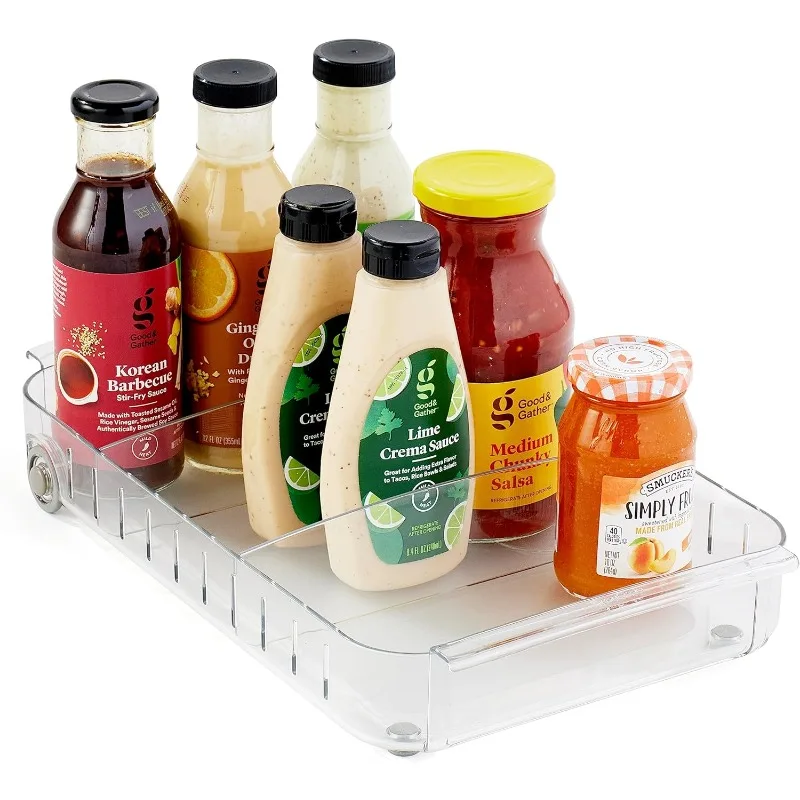 RollOut Fridge Caddy BPA-Free Clear Rolling Refrigerator Organizer Bin with Adjustable Dividers and Handles, 9