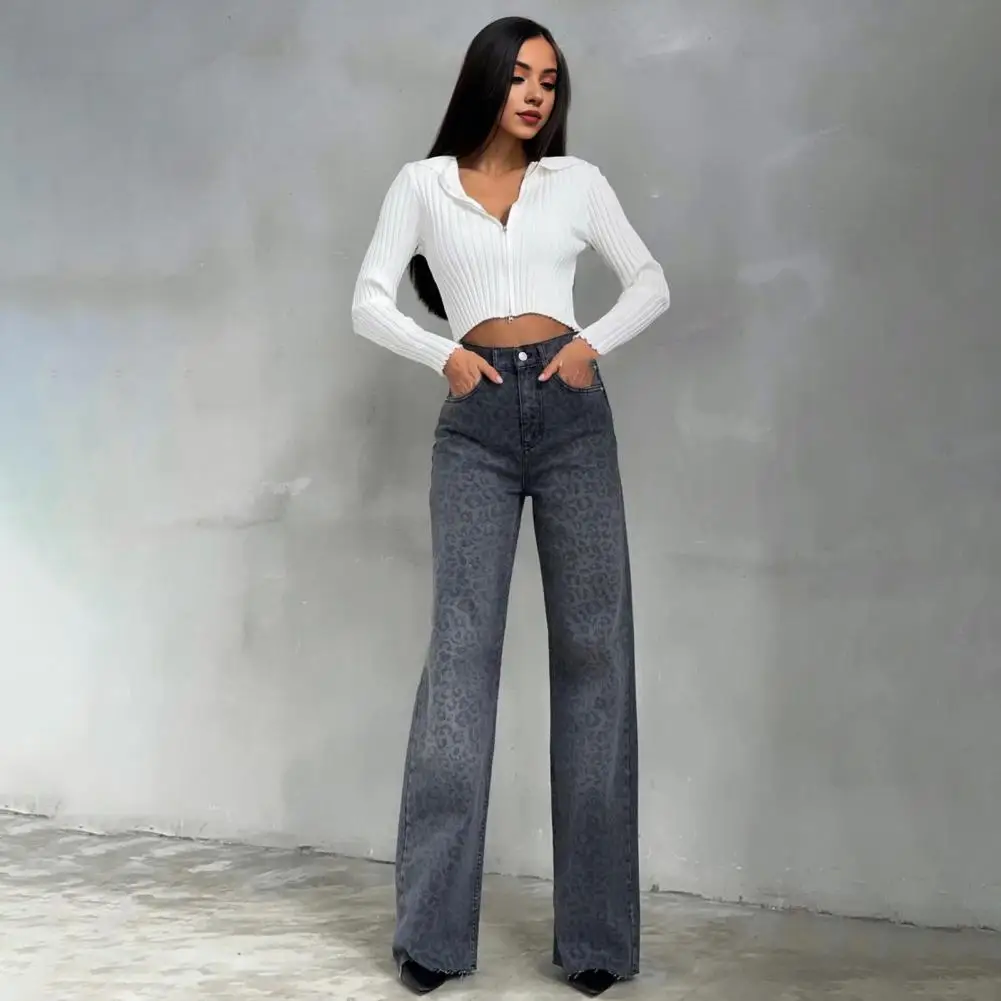 Women Leopard Print Jeans High Waist Button Zipper Fly Wide Leg Long Trousers Loose Fit Long Pants Baggy Jeans Pantalones