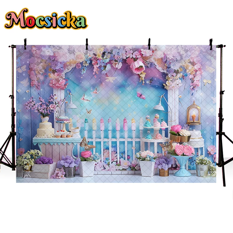 Mocsicka Photography Background Cake Smash Birthday Party Kids Portrait Spring Floral Butterfly Decor Backdrop Photo Studio